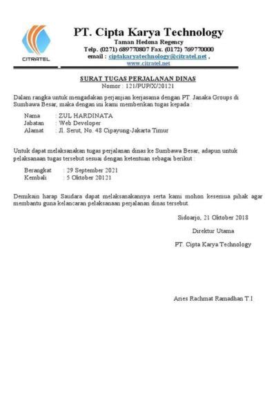 Contoh Format Perjalanan Dinas Tipe Swasta